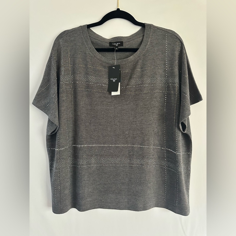 Colour Works Sweater Pullover Women Medium Gray Rhinestone Knit Short Sleeve